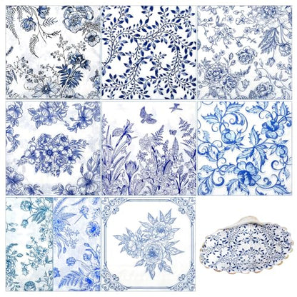 36 Pack 9 Styles Decoupage Napkins Blue Floral Chinoiserie Decor (36 Count)