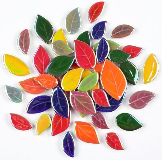 Mosaic Tiles for Crafts Bulk - Mini Ceramic Leaves Pieces for DIY Kits & Adults DIY Mosaic Making Hobbies Decoration Stepping Stone and etc. (Iridescent Ceramic Rhomboid Leaf Mix)