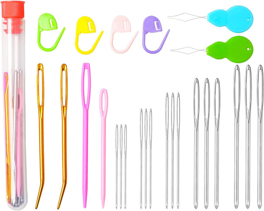 Hekisn 25Pcs Large Eye Blunt Yarn Needles kit, Assorted Sizes Bent Tapestry Darning Needle, Sewing Needles with Needle Threaders & Stitch Markers for Knitting Crochet (Red)