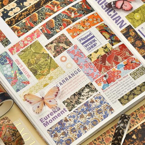 12 Rolls Kyoto Charm Washi Tape Set Japanese Arts Adhesive Tapes Geometric Garden Decorative Masking Tape Sets for Craft (12 Count)