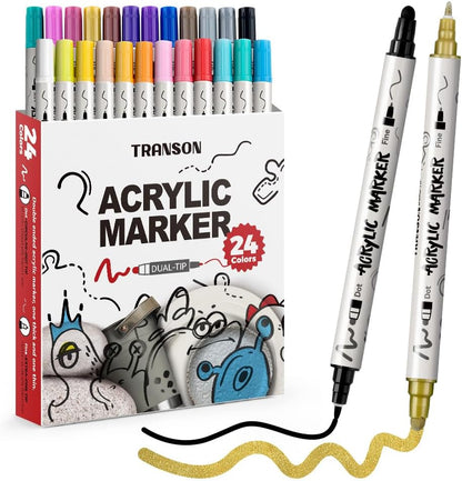 TRANSON 24 Color Bold and Fine Dual-tip Acrylic Paint Pen Set for Canvas Rock Wood Leather Ceramic DIY Painting