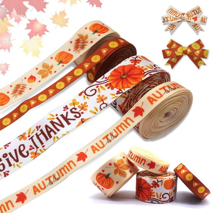 4 PCS Thanksgiving Fall Ribbons Pumpkin Leaves Printed Grosgrain Ribbons White Orange Ribbon Hello Autumn Craft Ribbons for Gift Wrapping Fall Thanksgiving Decor (20 Yards, 0.78''&0.39'') - Crafty Corner