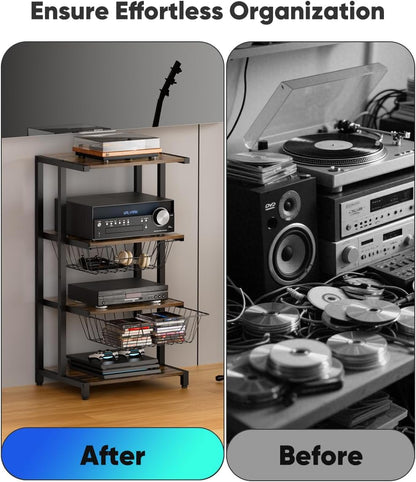 Media Stand with Two Detachable Baskets, 4-Tier AV Media Stand Corner Shelf for DVD Players/Cable Boxes/Games Consoles, Audio Storage Rack for Living Room, Gaming Room, Music Studio, Black