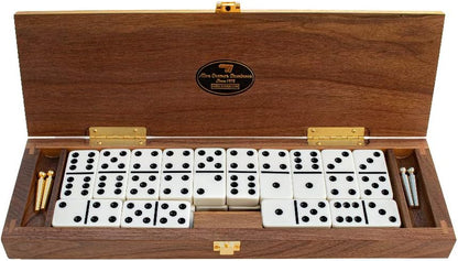 Alex Cramer Le Club Luxury Domino Set with Handcrafted Walnut Case and Cribbage/Counter Top - Tournament Quality 28 Indestructible (Domino Set with Personalized Brass Plate)