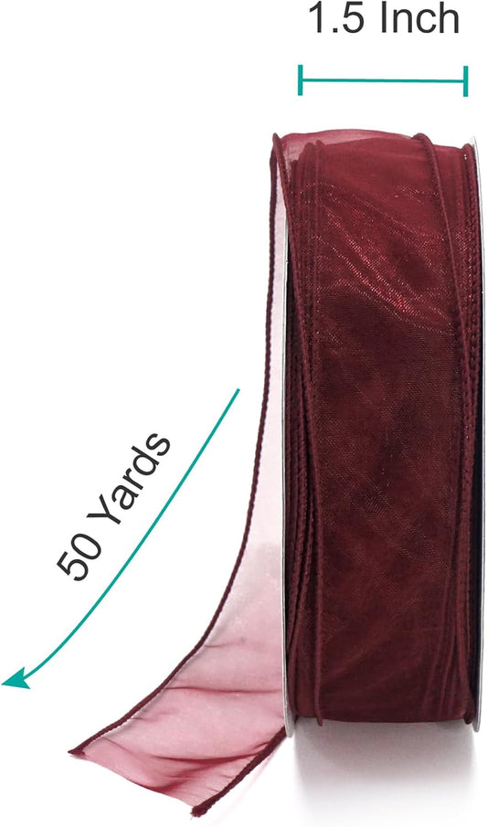 CT CRAFT LLC Sheer Organza Wired Ribbon 1.5" x 50Yards Burgundy for Wedding Chair Bow Flora Bouquet Gift Wrapping Christmas Tree Home Decor Wreath - Crafty Corner