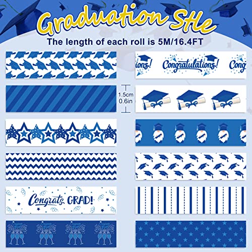 12 Rolls Graduation Washi Tape Blue White Congrats Grad Washi Masking Tape Congratulations Star Grad Cap Decorative Paper Stickers for Graduation Scrapbook Gift Wrapping DIY Art Crafts (12 Count)
