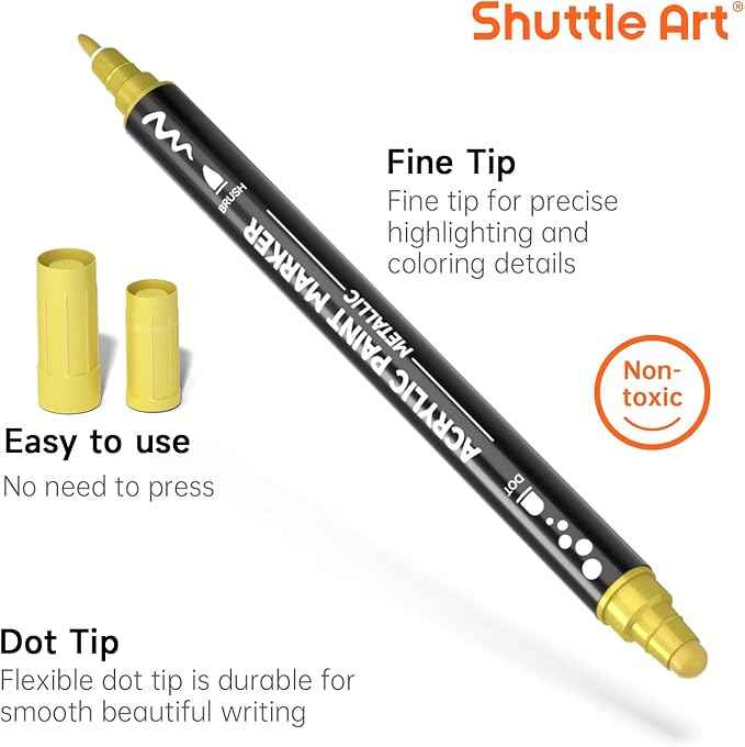 28 Metallic Colors Dual Tip Acrylic Paint Markers, Dot Tip and Fine Tip Acrylic Paint Pens for Rock, Ceramic, Wood, Canvas, Plastic, Glass, Stone, Calligraphy, Card Making, Crafts & Nail Art