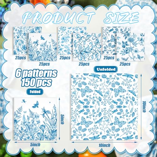 150 Pcs 10 x 10 Inch Blue Floral Paper Cocktail Napkins