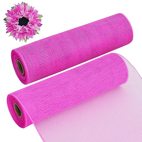 2 Rolls 10 Inch Hot Pink Decorative Mesh Ribbbon Rolls for Mesh Wreath Supplies (60 Foot)