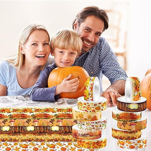 12 Pcs Thanksgiving Washi Tape Maple Leaf Print Masking Tape Pumpkin Pattern Decorative Paper Sticker for Fall Party Holiday Scrapbook DIY Craft Gift Wrapping Handbook Sticker (12 Count)