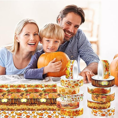 12 Pcs Thanksgiving Washi Tape Maple Leaf Print Masking Tape Pumpkin Pattern Decorative Paper Sticker for Fall Party Holiday Scrapbook DIY Craft Gift Wrapping Handbook Sticker (12 Count)