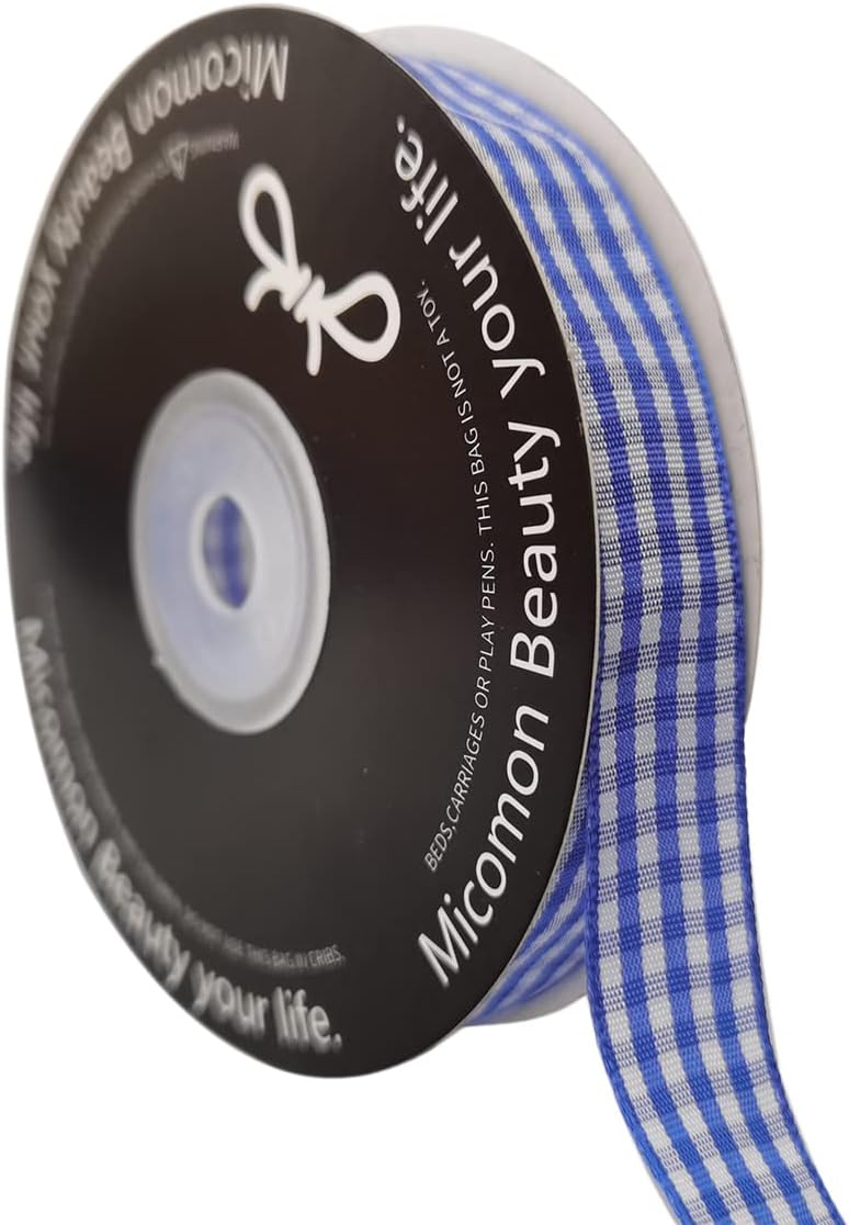 Blue and White Woven Edge Plaid Ribbon 100% Polyester Gingham Ribbon 25 Yards Each Roll (5/8", Blue) - Crafty Corner