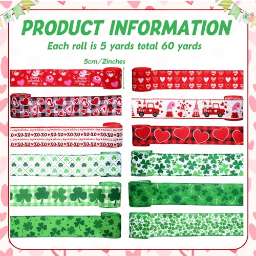 12 Rolls St. Patrick's Day Wired Edge Ribbon 2 Inch x 60 Yards Lucky Shamrock Print Craft Ribbon Valentine's Day Red Heart Gnome Truck Print Craft for St Patricks Party Supplies 12 Styles (12 Count)