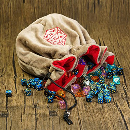 Large Dice Bag D&D with Pockets Khaki Dice Storage Bag D20 Pattern (20.4 Ounce)