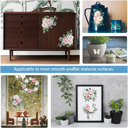 GLOBLELAND 4 Sheets Pink and White Flowers Transfer 11.8x5.9inch Peony Wreath Rub on Transfer Self-Adhesive Wall Art Decals for Farm Bedroom Living Room Desk Table Decoration