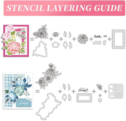 ORIGACH Realistic Dahlia Layering Stencils Set for Card Making, Dahlia Silicone Stamps and Die Sets and Flower Stencil Template for Scrapbooking DIY Crafting