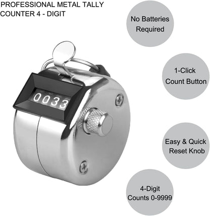 Metal Tally Counter Clicker Counter Handheld Pitch Counter, Manual Mechanical 4-Digit Number Click Counter, One Hand Counter Clicker Digital Counting for Coaching Knitting People Lap Fishing Golf&Row