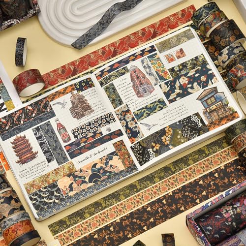 12 Rolls Kyoto Charm Washi Tape Set Japanese Arts Adhesive Tapes Geometric Garden Decorative Masking Tape Sets for Craft (12 Count)