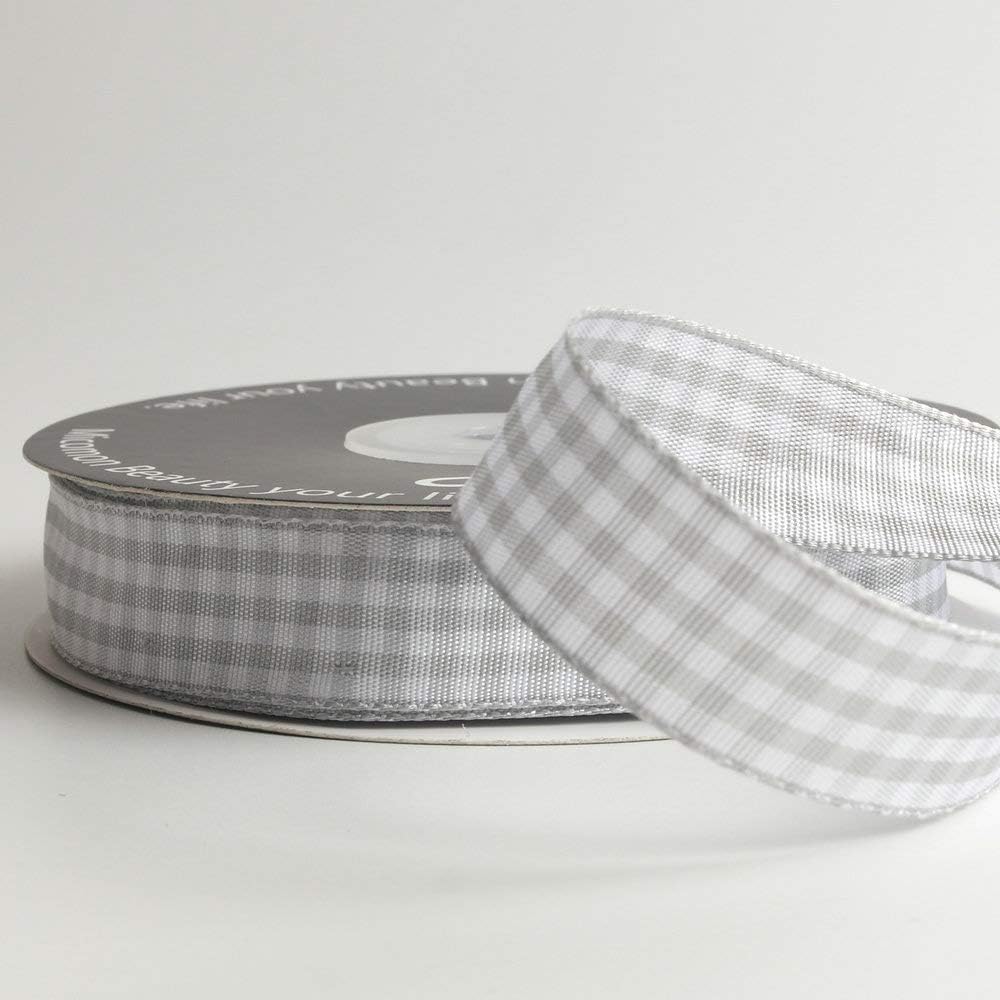 Gingham Ribbon - Gray and White, 25 Yards Each Roll, 100% Polyester (5/8") - Crafty Corner