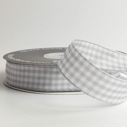 Gingham Ribbon - Gray and White, 25 Yards Each Roll, 100% Polyester (5/8") - Crafty Corner