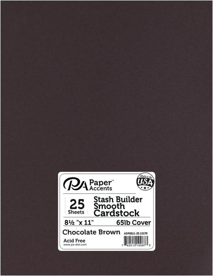 PA Paper Accents Stash Builder Cardstock 8.5" x 11" Chocolate Brown, 65lb colored cardstock paper for card making, scrapbooking, printing, quilling and crafts, 25 piece pack