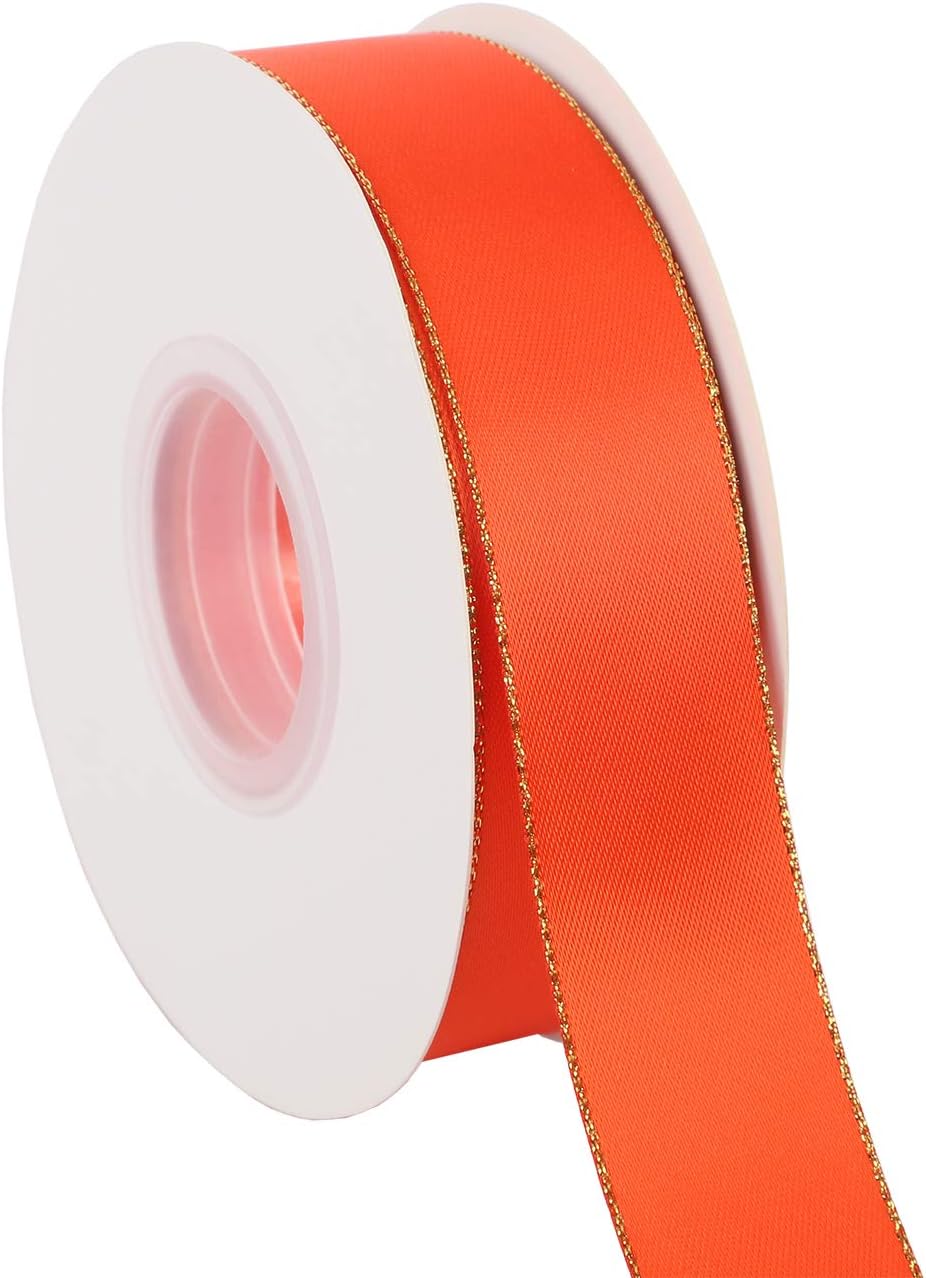 ITIsparkle 1" Inch Double Faced Satin Ribbon 25 Yards with Gold Edges, 1" X 25Yd - Autumn Orange - Crafty Corner