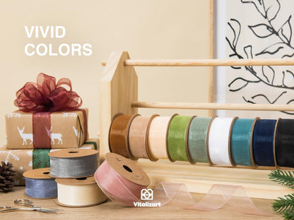 Vitalizart Organza Sheer Ribbon Set 1 inch x 30 Yd Handmade Fabric Ribbons for Gift Wrapping Christmas Tree Crafts Bows Wedding Invitations Wreaths Wrap Cream White Dusty Blue & Green