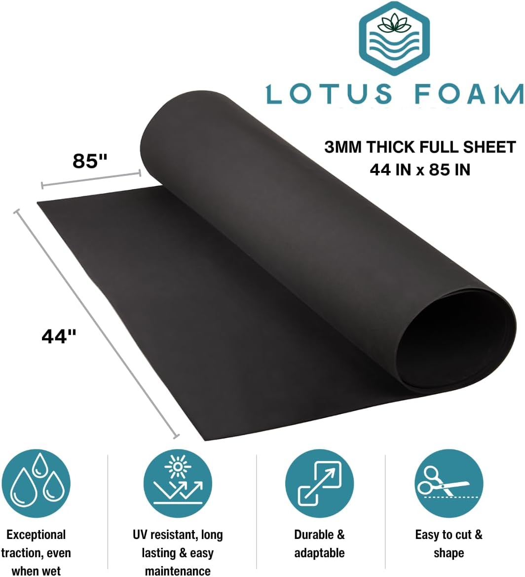 LotusFoam Large 3mm EVA Foam Sheet - 44"x 85" High Density Foam 130 kg/m3 for Cosplay, Costumes, Crafts, Flooring, Outdoor Use - 35 Colors (Black) - Black - Crafty Corner
