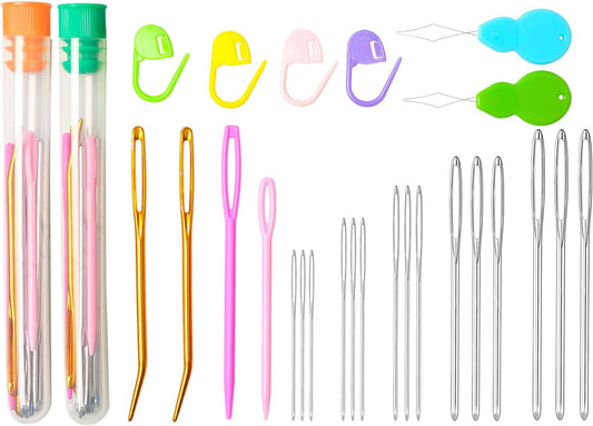 Hekisn 45Pcs Large Eye Blunt Yarn Needles kit, Assorted Sizes Bent Tapestry Darning Needle, Sewing Needles with Needle Threaders & Stitch Markers for Knitting Crochet (Orange&Green)