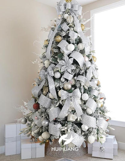 HUIHUANG Silver Christmas Ribbon 4 inch Silver Glitter Wired Ribbon Diamond Mesh Wire Ribbon for X-mas Tree Decorations, Wreaths, Garland, Large Bows Making, Home Decor -10 Yards - Crafty Corner