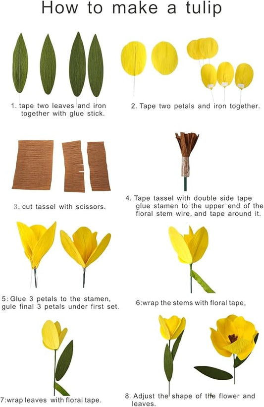 Yellow Crepe Paper Tulip Bouquet for Home Decor Table Centerpieces DIY Flower Making Kit with Floral Tape & 12 Wire Stems