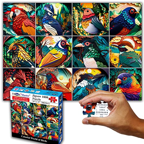 Colorful Birds 1000 Pieces Jigsaw Puzzle. Paper Cut Craft Style. Fun for Teens