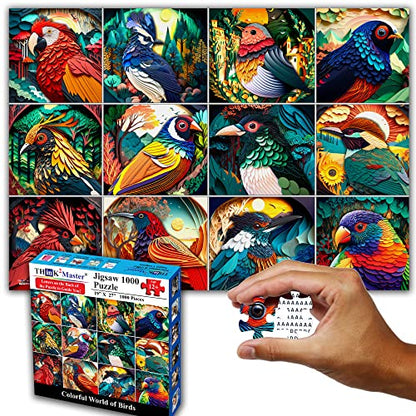 Colorful Birds 1000 Pieces Jigsaw Puzzle. Paper Cut Craft Style. Fun for Teens