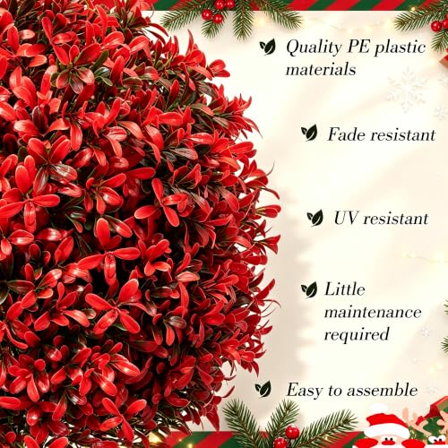 2Pack UV Resistant Red Artificial Boxwood Topiary Fake Plant (2 Count)