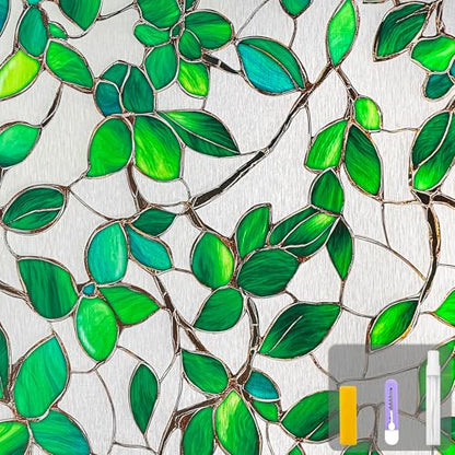 Greenery Leaf Static Cling Window Film Frosted Stained Glass Privacy Anti