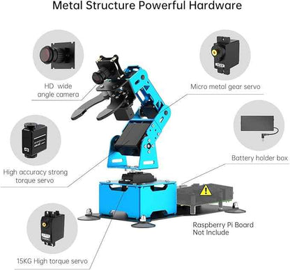 Robotic Arm for Raspberry 5 4B Robot Kit Open Source Programming AI Vision 5DOF/Axis Robot Arm, Coding Smart Robot Learning for Teens Adults, RPi Board Not Included