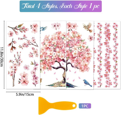 GLOBLELAND 4 Sheets Cherry Blossoms Tree Rub on Transfers 12x6inch Pink Flowers Furniture Transfers Sticker Birds UV Transfers Decal Craft for Bedroom Living Room Desk Table Decoration