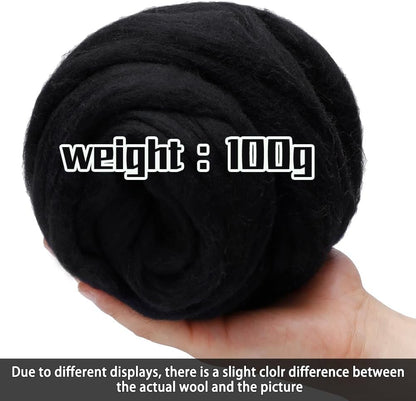 3.53oz Wool Roving Yarn, Wool Felting Supplies, Pure Wools, Chunky Yarn, Spinning Wool Roving for Needle Felting Wet Felting DIY Hand Spinning (Black)