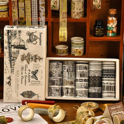 36 Rolls Vintage Washi Tape Pack Retro Arts Adhesive Tapes Wide Chronicle Decorative Masking Tape Sets for Craft (118.1102 Foot)