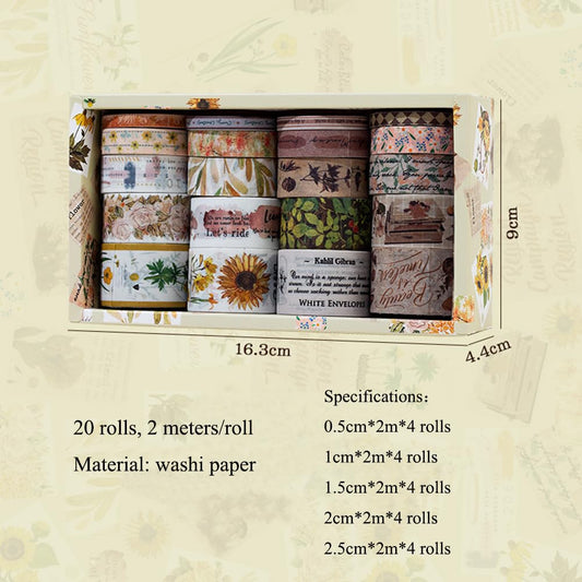 MAFELOE Decorative Vintage Washi Tapes Set 20 Rolls 2 Meters Long, Adhesive Scrapbook Junk Journaling Art Craft Collage Supplies-Forest Dream Series-Khaki (WT-M4-SLMJ)