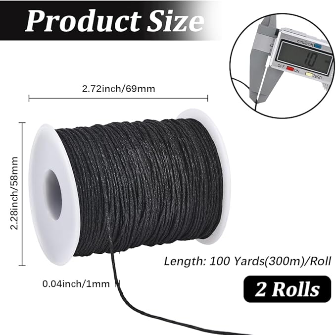 2 Rolls 200 Yards 1MM Black Wax Cotton Cord Beading Rope Thread String Macrame Artisan Soft Sturdy Waxed Sewing Cords Spool for Jewelry Making Bracelets Necklace Crafting Vase Decor Supply
