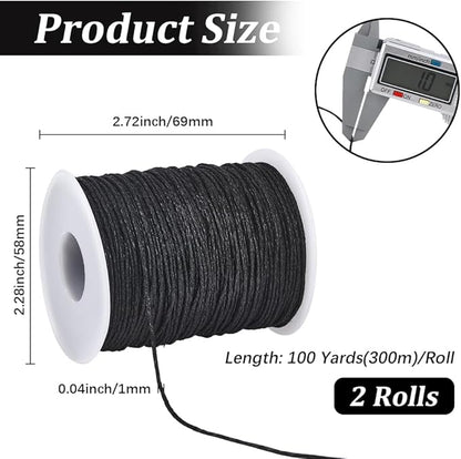 2 Rolls 200 Yards 1MM Black Wax Cotton Cord Beading Rope Thread String Macrame Artisan Soft Sturdy Waxed Sewing Cords Spool for Jewelry Making Bracelets Necklace Crafting Vase Decor Supply