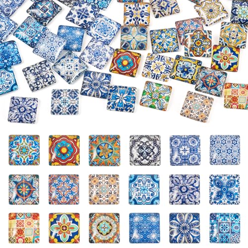 20Pcs 20mm Flower Printed Mosaic Tile Glass Cabochon Square Floral Glass CabochonsVintage Mixed Colors Dome Cabochon for Photo Cameo Pendant Craft Jewelry Making Supplies Craft (20 Count)