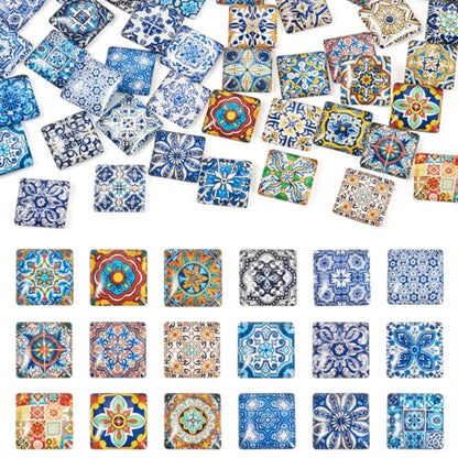 20Pcs 20mm Flower Printed Mosaic Tile Glass Cabochon Square Floral Glass CabochonsVintage Mixed Colors Dome Cabochon for Photo Cameo Pendant Craft Jewelry Making Supplies Craft (20 Count)