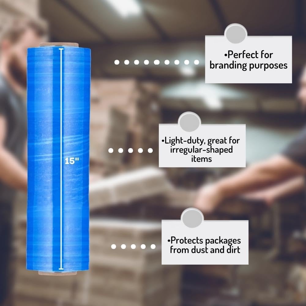 PSBM Blue Stretch Wrap, 15 Inch x 1476 Feet, 72 Pack, Tinted Pre-Stretched Shrink Wrap Film for Moving, Packaging, Pallet Wrapping