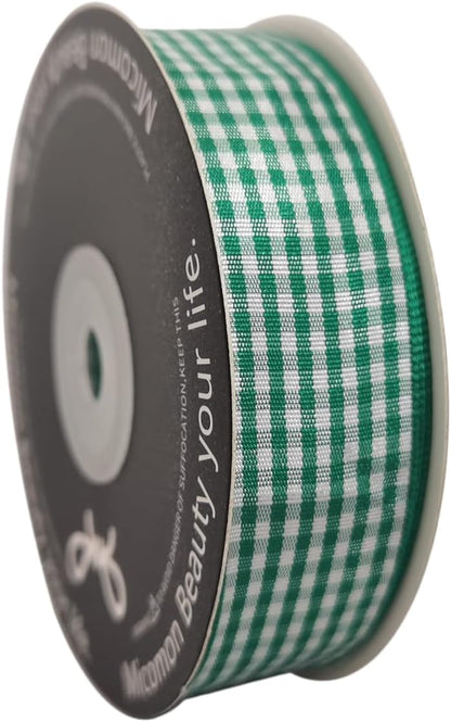 Green and White Woven Edge Plaid Ribbon 100% Polyester Gingham Ribbon 25 Yards Each Roll (1",Green) - Crafty Corner