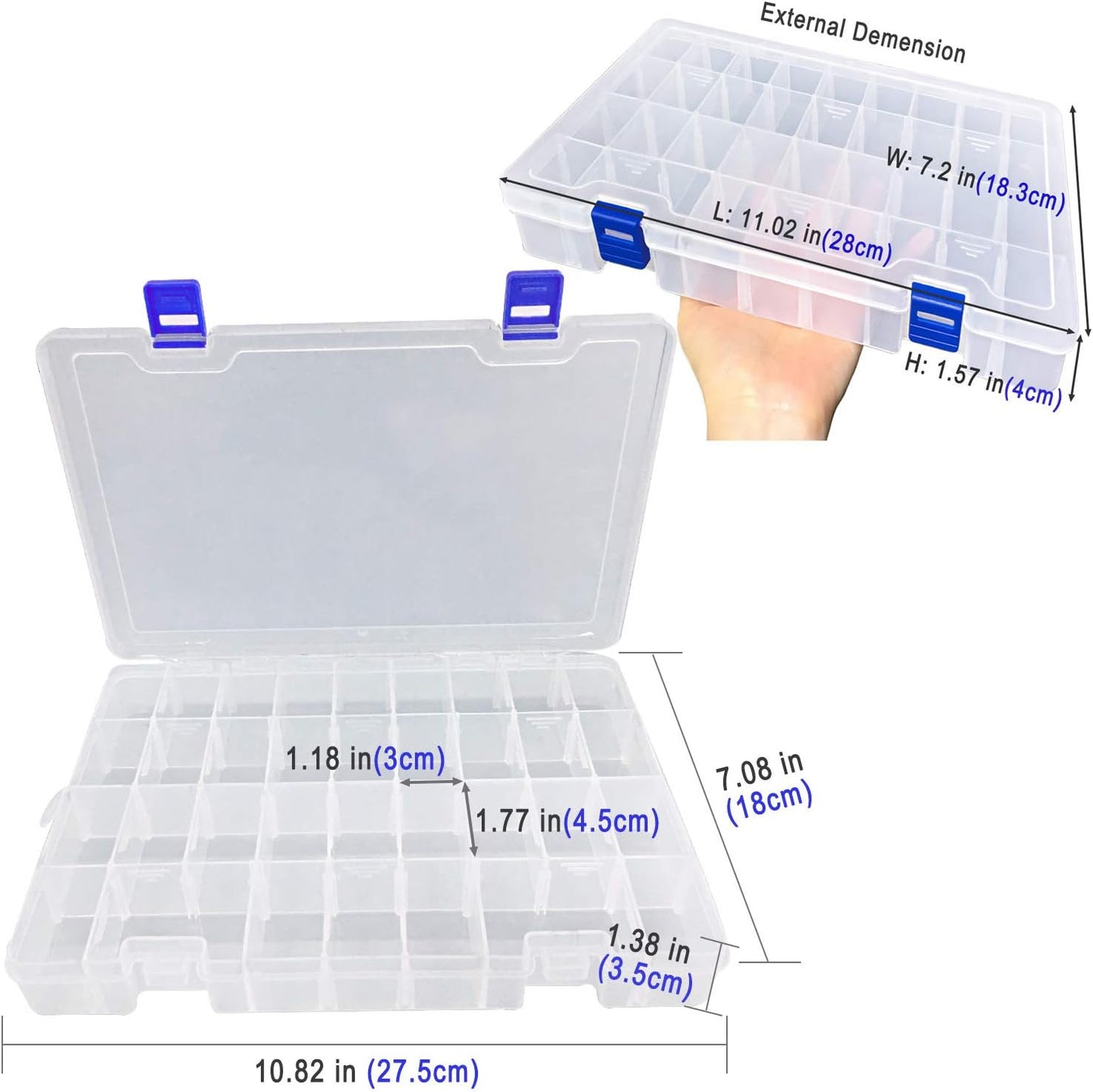 Qualsen Plastic Organizer Storage Box with Adjustable Dividers, Fishing Tackle Box and Bead Organizer Box for Jewelry, Beads, Earrings, Tools, Fishing Hooks, and Small Accessories（34 Grid）