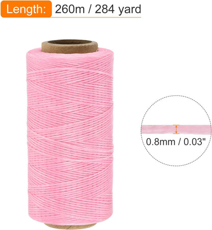 MECCANIXITY Waxed Thread,284 Yard 0.8mm 150D Flat Wax Thread Polyester Waxed String for Leather Sewing Hand Weaving Book Binding Home Decoration,Pink