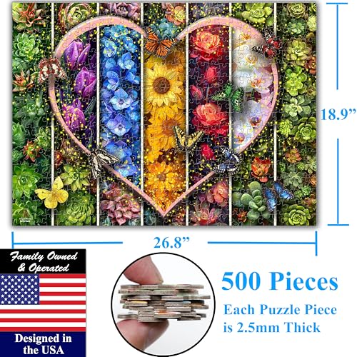 Colorful Flowers Succulents & Butterflies 500 Pieces Very Large Pieces Jigsaw Puzzle for 13+ Adults & Seniors. Beautiful Vibrant Heart Valentine's Day Illustration 26.8” X 18.9”