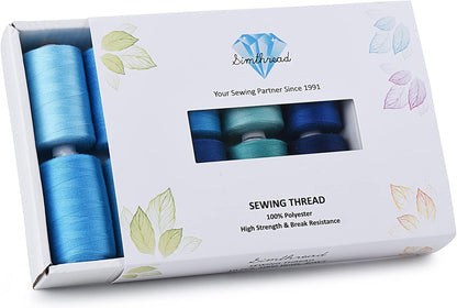 Simthread All Purpose Sewing Thread, 10 Spool Assorted Blue Series 1000 Yards Each Bobbin Polyester Thread for Sewing, Handy Polyester Sewing Threads for Sewing Machine - (Denim Color Series)